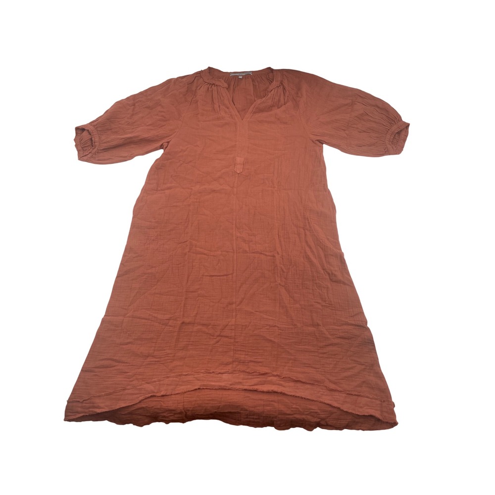 Ocean+Main Midi Dress L/XL Rust Good Cotton Gauze Puff Sleeve V-Neck Pockets